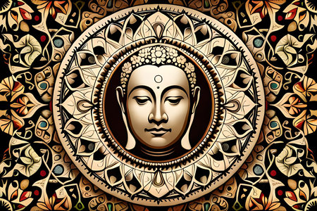 Buddha face on mandala pattern background. Vector illustration.の素材