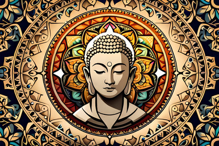 Buddha in a circle of mandala. Vector illustration.の素材
