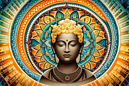 Buddha statue and mandala background. 3D rendering.の素材