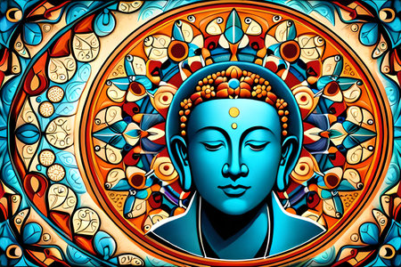 Buddha statue with colorful mandala background, vector illustration.の素材