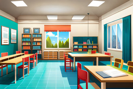 Interior of a school classroom with tables and chairs. Vector illustration.の素材