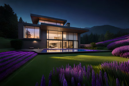 3d rendering of modern cozy house with pool and parking for sale or rent with beautiful landscaping on background. Cool summer night with cozy light from windows.の素材