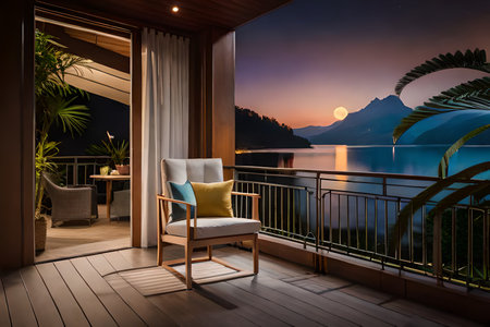 Balcony overlooking the lake at night with mountains in the backgroundの素材