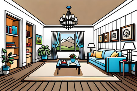 Interior of the living room with a sofa, a coffee table, a coffee table and a picture on the wallの素材