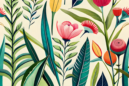 Seamless pattern with flowers and leaves. Vector illustration for your designの素材