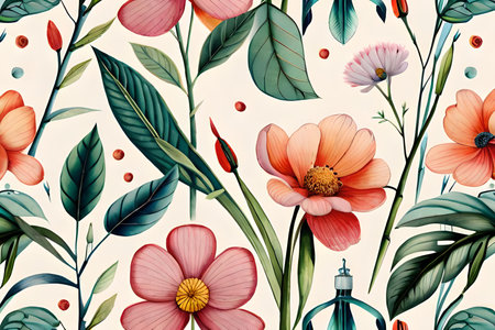 Seamless pattern with watercolor flowers, leaves and perfume bottle.の素材