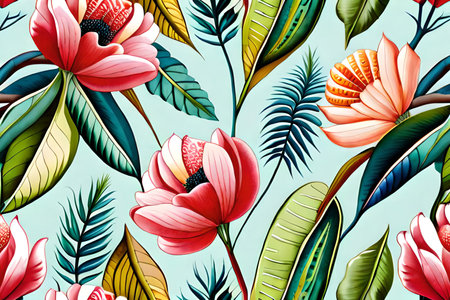 Seamless pattern with tropical flowers and palm leaves. Vector illustration.の素材