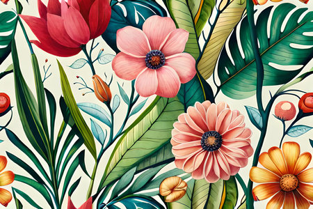 Seamless pattern with flowers and leaves. Hand drawn vector illustration.の素材