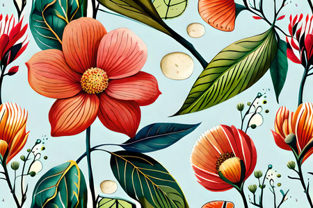 Seamless pattern with flowers and leaves. Watercolor illustration.の素材
