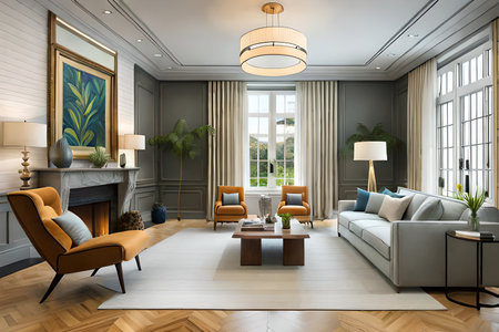 Luxury living room interior design. 3D render concept.の素材