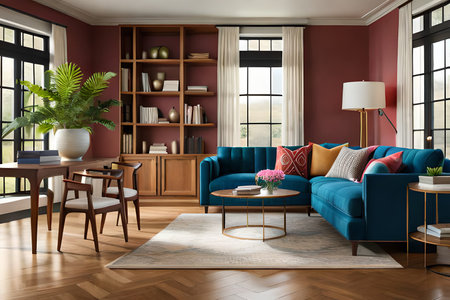 Living room interior design with blue sofa, coffee table and bookshelf. 3d renderの素材