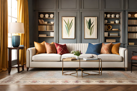 Living room interior with sofa and bookshelf. 3d renderの素材