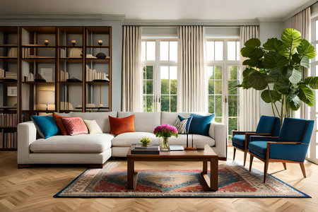 Living room interior design with sofa, coffee table and bookcase. 3d renderの素材
