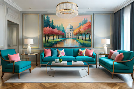 Classic living room interior with blue sofa, coffee table, bookshelf, armchairs and painting on the wall. 3d renderingの素材