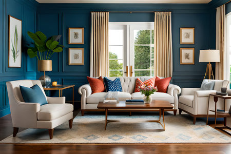 Luxury living room interior with blue walls, sofa and armchairs. 3d renderの素材
