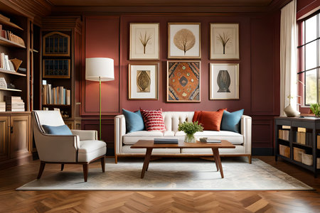 Interior of living room with brown walls, wooden floor, brown sofa with pillows, coffee table and bookshelf. 3d renderの素材