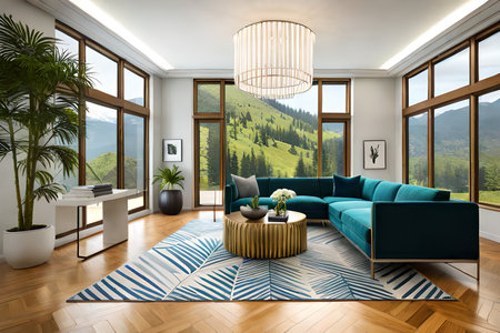 Interior of modern living room with blue sofa 3D rendering imageの素材