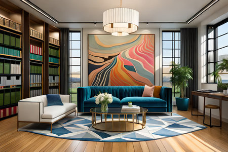 Luxury living room interior design with blue sofa and bookshelf. 3D rendering.の素材