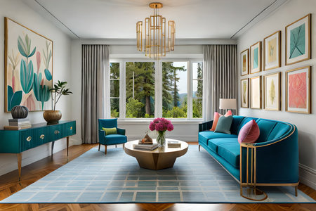 Interior of the living room with a blue sofa and a coffee tableの素材