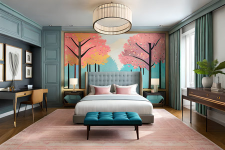 3d rendering of a classic bedroom interior with blue walls and wooden floorの素材