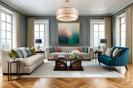 interior of the living room with blue walls and wooden floor, 3d renderの素材