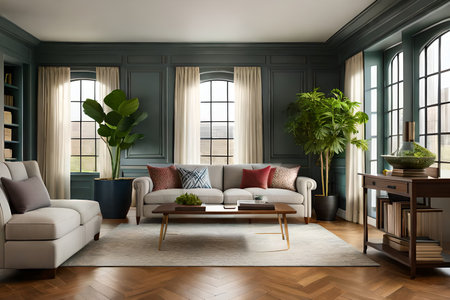 Interior of modern living room with green walls, wooden floor, sofa and coffee table. 3d renderの素材