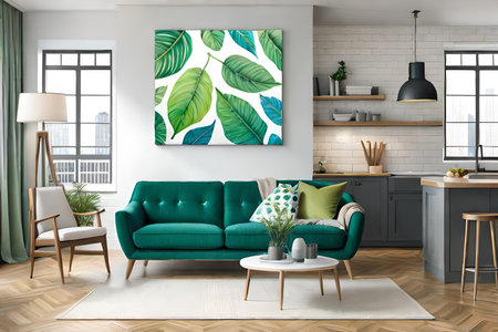 Modern living room interior with green sofa, coffee table, coffee table and poster on the wall. 3d renderの素材