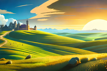 Beautiful sunset over Tuscany landscape with medieval castle. Vector illustration.の素材