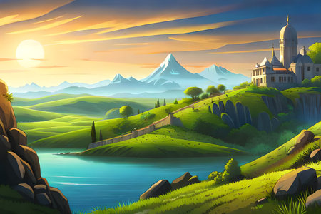 Beautiful landscape with castle on the hill and lake at sunset illustrationの素材
