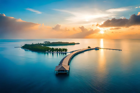Aerial view of beautiful tropical beach and sea with coconut palm tree at sunset time for travel and vacationの素材