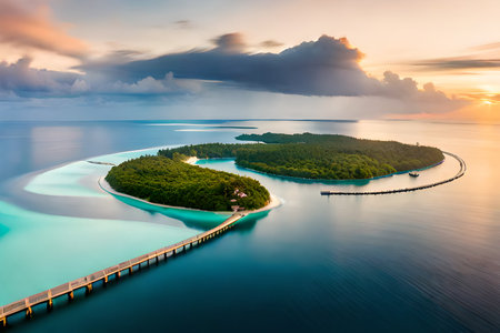 Aerial view of small island in Maldives at sunrise time.の素材