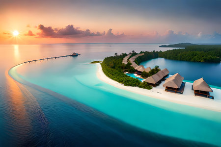 Beautiful tropical Maldives resort hotel and island with beach and seaの素材