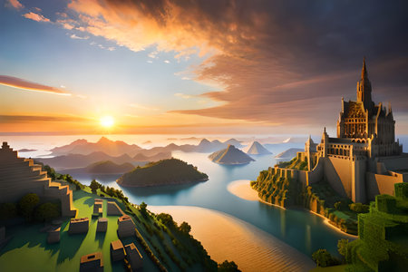 Fantasy landscape with castle and lake at sunset. 3d renderの素材