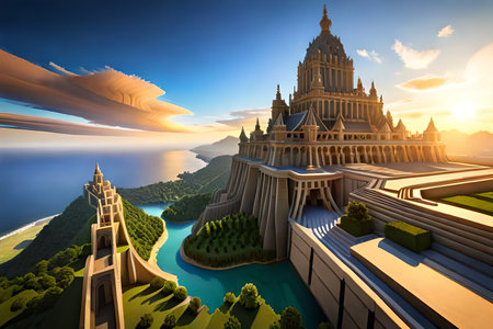 Fantasy landscape with castle and lake at sunset. 3D renderingの素材
