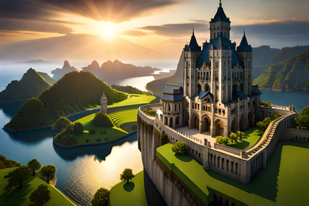 Castle on the top of the hill at sunset. 3d renderの素材