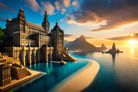 Fantasy landscape with a lake and a castle in the background.の素材