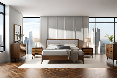 Luxury bedroom interior with white walls, wooden floor, comfortable king size bed and window with city view. 3d renderingの素材