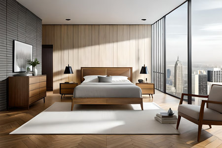 Interior of modern bedroom with wooden walls, wooden floor, comfortable king size bed and two armchairs. 3d renderingの素材
