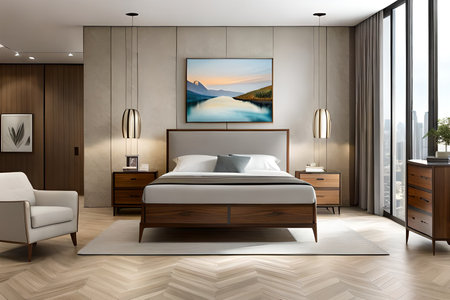 Interior of modern bedroom with wooden walls, wooden floor and comfortable king size bed. 3d renderingの素材