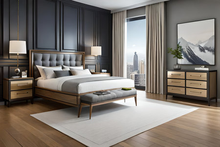 Luxury bedroom interior with a wooden bed, panoramic window and city view. 3D Renderingの素材