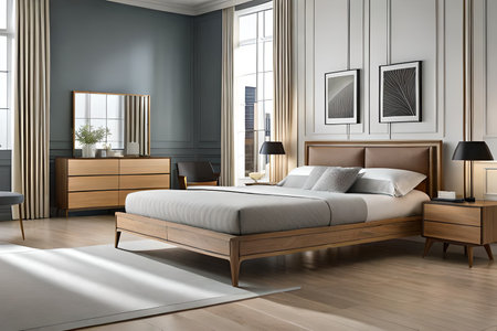 Luxury bedroom interior with wooden bed and parquet floor. 3d renderの素材
