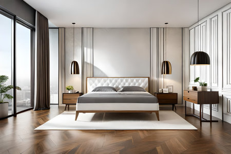 Interior of modern bedroom with white walls, wooden floor, comfortable king size bed with two bedside tables. 3d renderingの素材