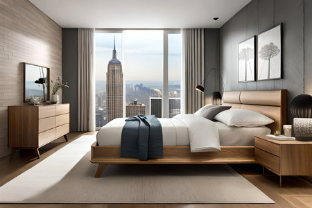 Luxury bedroom in a modern style with a panoramic city view. 3D renderingの素材