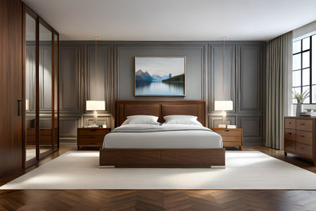 Luxury bedroom interior with wooden walls, parquet floor, double bed with a poster hanging above it. 3d renderingの素材