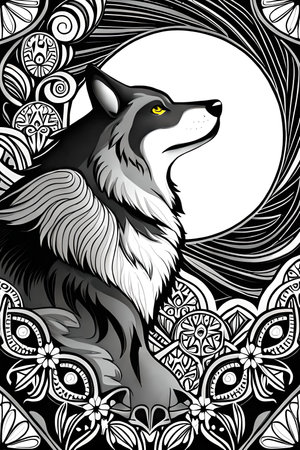 Wolf in the moonlight. Black and white vector illustration for your designの素材