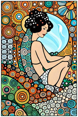 Vector illustration of a beautiful girl in a bathing suit sitting on the beach.の素材