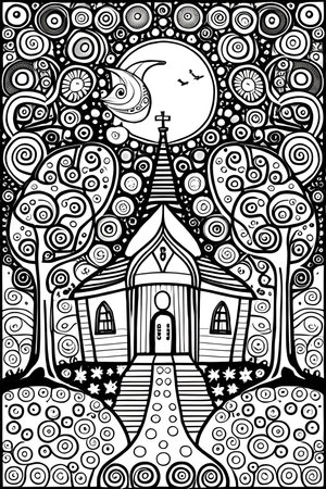Black and white illustration for coloring book with church, moon and starsの素材