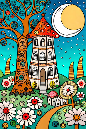Vector illustration of a fairy tale castle in the forest with flowers and moonの素材