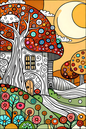 Vector illustration of a fairy tale house in the forest with a tree and flowers.の素材