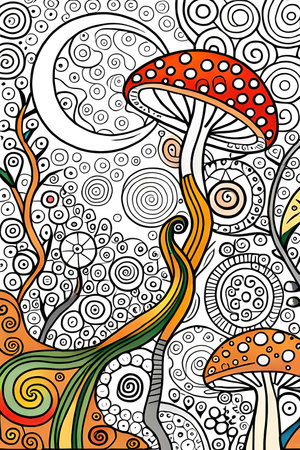 Seamless pattern with mushrooms. Coloring book page for adultsの素材